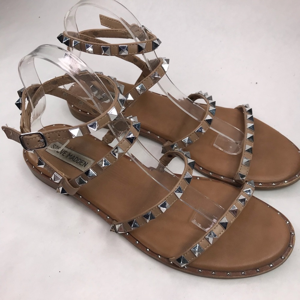Steve Madden Women's 10 Tan Nude Gladiator Studded Flat Ankle Wrap Sandal - Picture 7 of 10